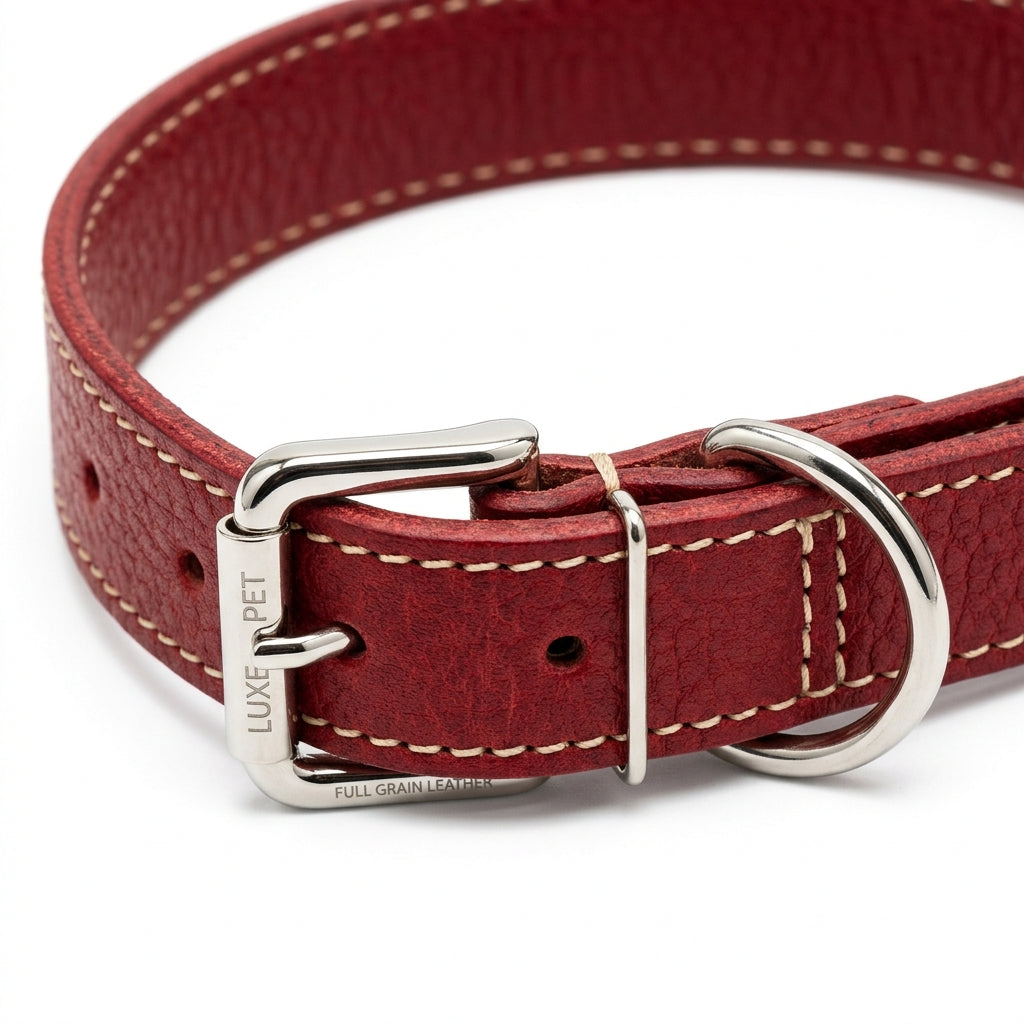 Cherry Red Full-Grain Leather Dog Collar with Silver Buckle