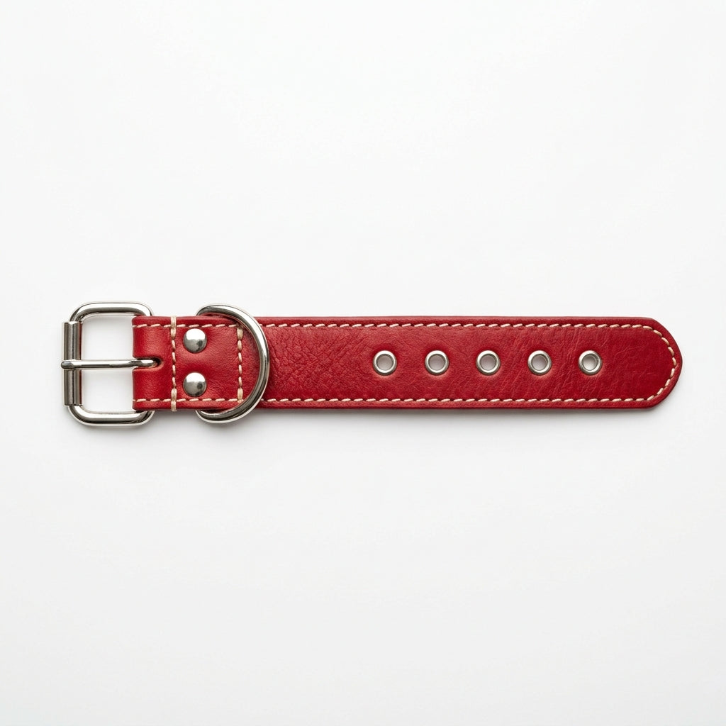 Cherry Red Full-Grain Leather Dog Collar with Silver Buckle