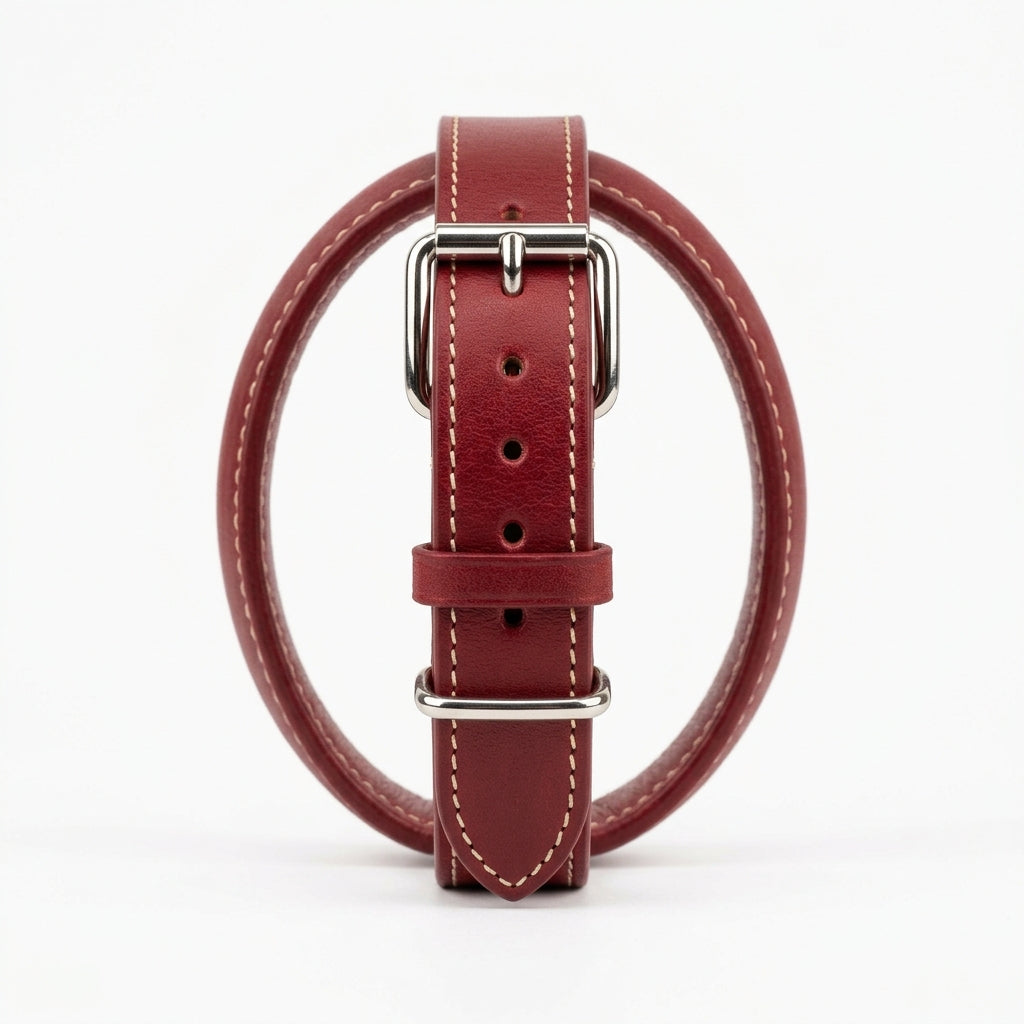 Cherry Red Full-Grain Leather Dog Collar with Silver Buckle
